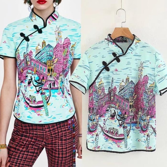 NWT Zara Green Italian Gondola Print Short Sleeve Top Blouse Size Large - Picture 1 of 7